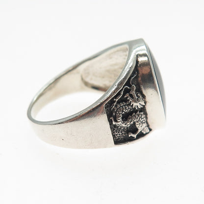 925 Sterling Silver Vintage Real Black Onyx Dragon Oxidized Ring Size 10.25