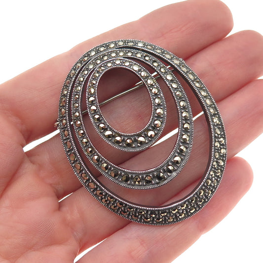 925 Sterling Silver Vintage Real Marcasite Multi-Circle Oxidized Pin Brooch