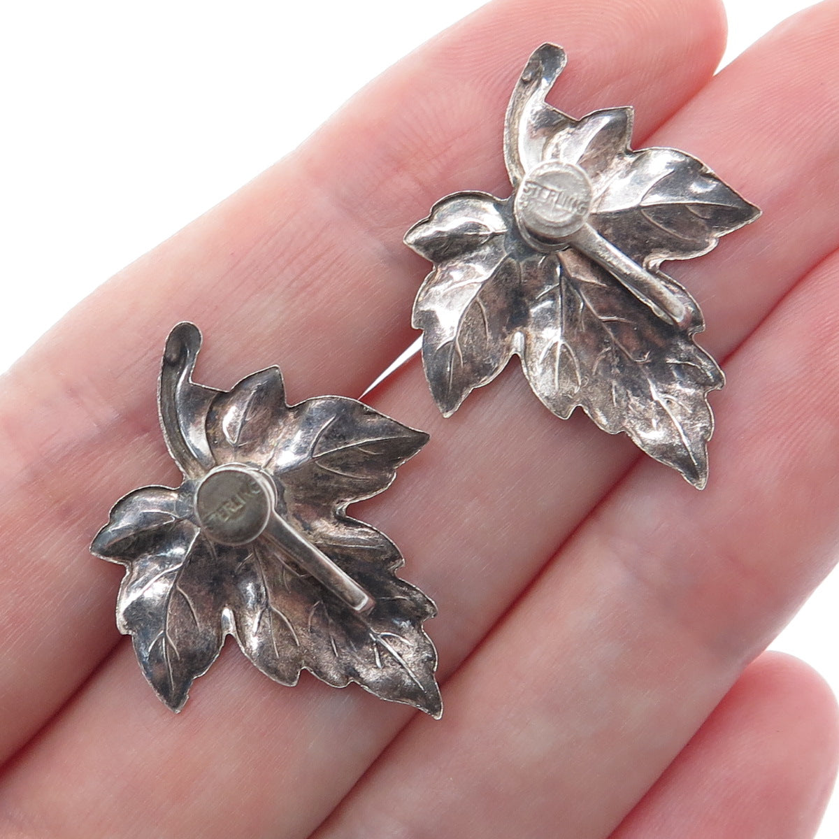 925 Sterling Silver Antique Art Deco Maple Leaf Oxidized Screw Back Earrings