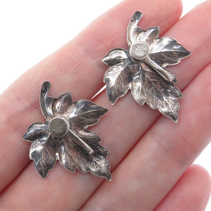 925 Sterling Silver Antique Art Deco Maple Leaf Oxidized Screw Back Earrings