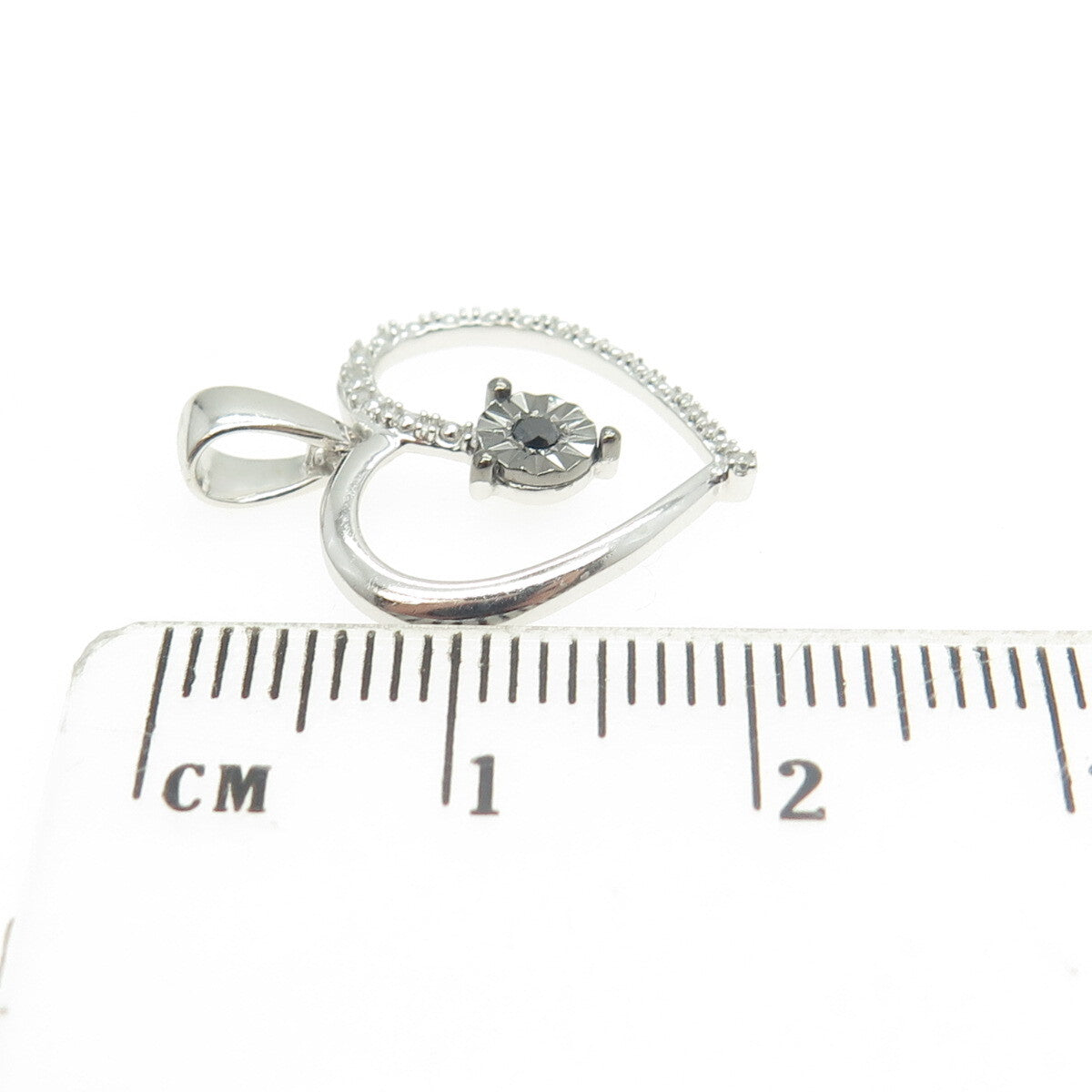 HAN 925 Sterling Silver Real Round-Cut White & Black Diamond Heart Pendant