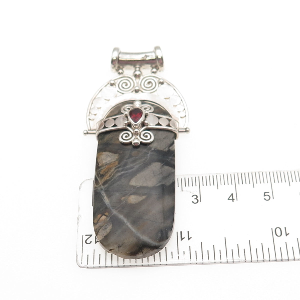 SAJEN 925 Sterling Silver Vintage Real Jasper & Red Garnet Modernist Pendant