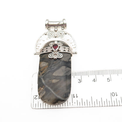 SAJEN 925 Sterling Silver Vintage Real Jasper & Red Garnet Modernist Pendant