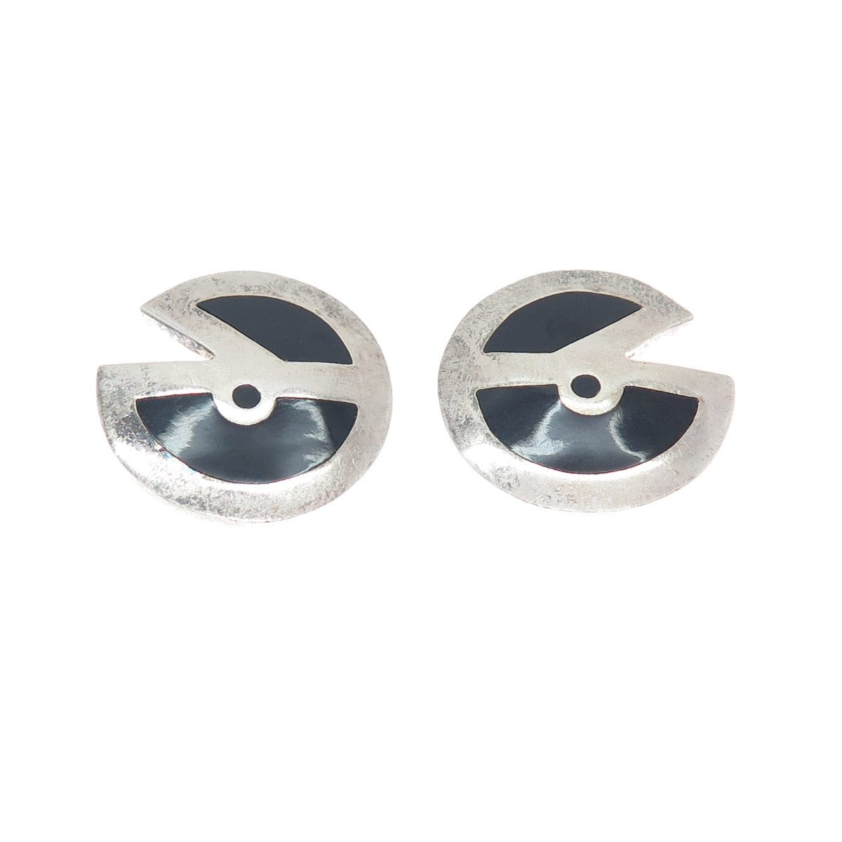 925 Sterling Silver Vintage Mexico Real Black Onyx Modernist Clip On Earrings