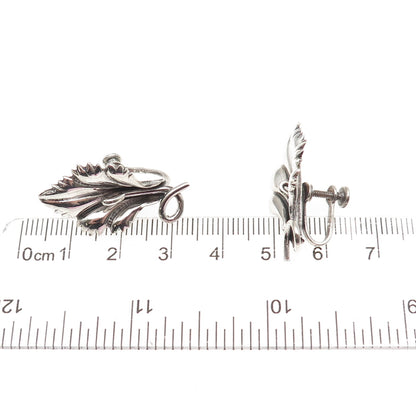 925 Sterling Silver Antique Art Deco Floral Oxidized Screw Back Earrings