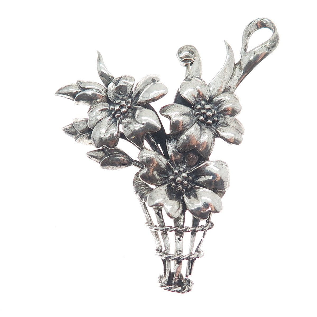 DANECRAFT 925 Sterling Silver Antique Art Deco Flower Bouquet Oxidized Brooch