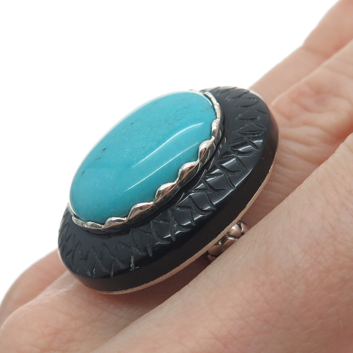 925 Sterling Silver Real Tyrone Turquoise & Black Onyx Snake Skin Ring Size 6.25