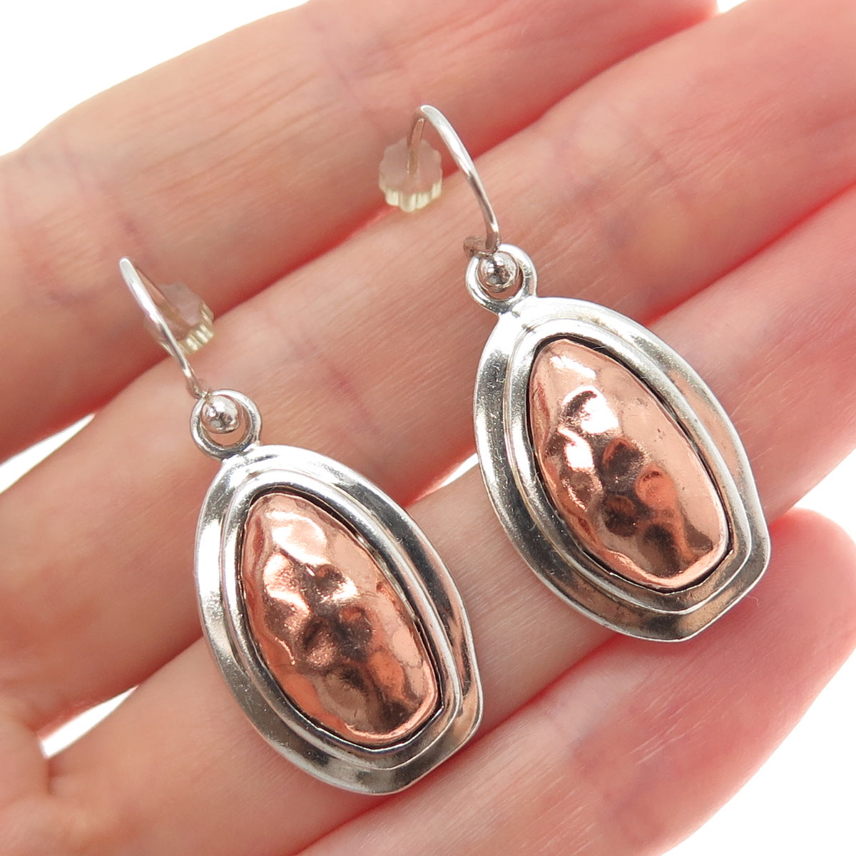 BARSE 925 Sterling Silver 2-Tone Vintage Modernist Hammered Dangle Earrings