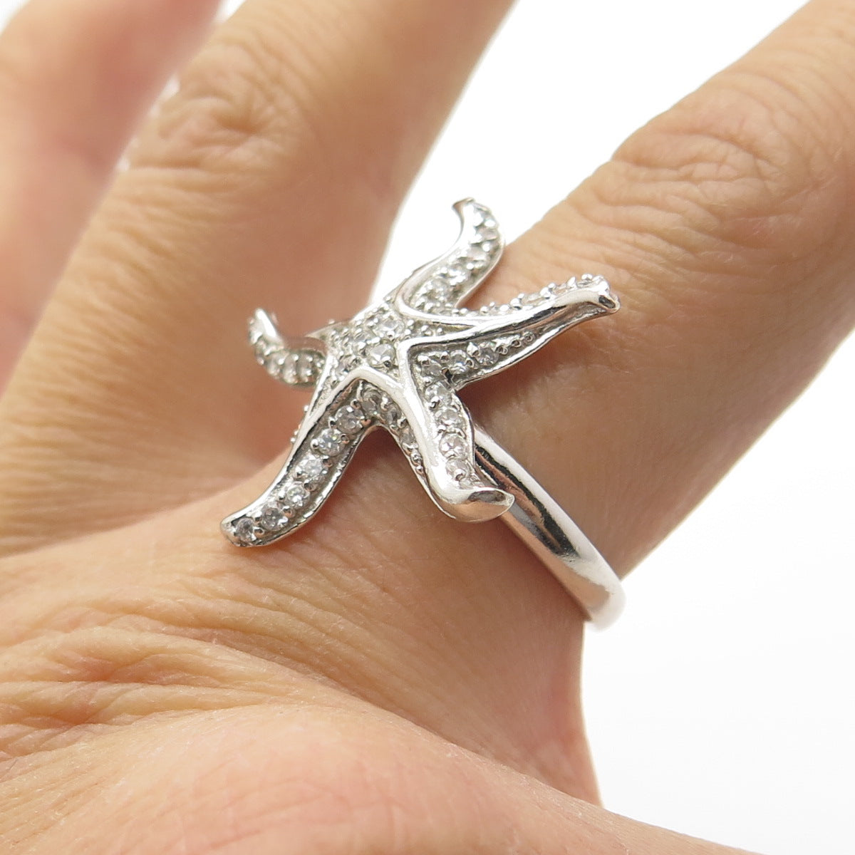 925 Sterling Silver Pave C Z Starfish Ring Size 7