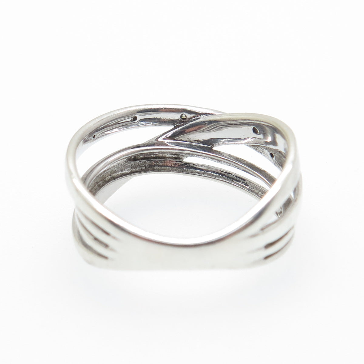 925 Sterling Silver Real Round-Cut Black & White Diamond Crisscross Ring Size 7