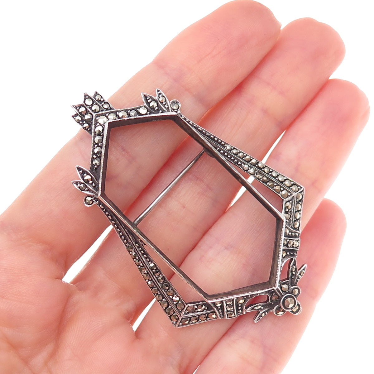 925 Sterling Antique Art Deco Germany Real Marcasite Frame Oxidized Pin Brooch