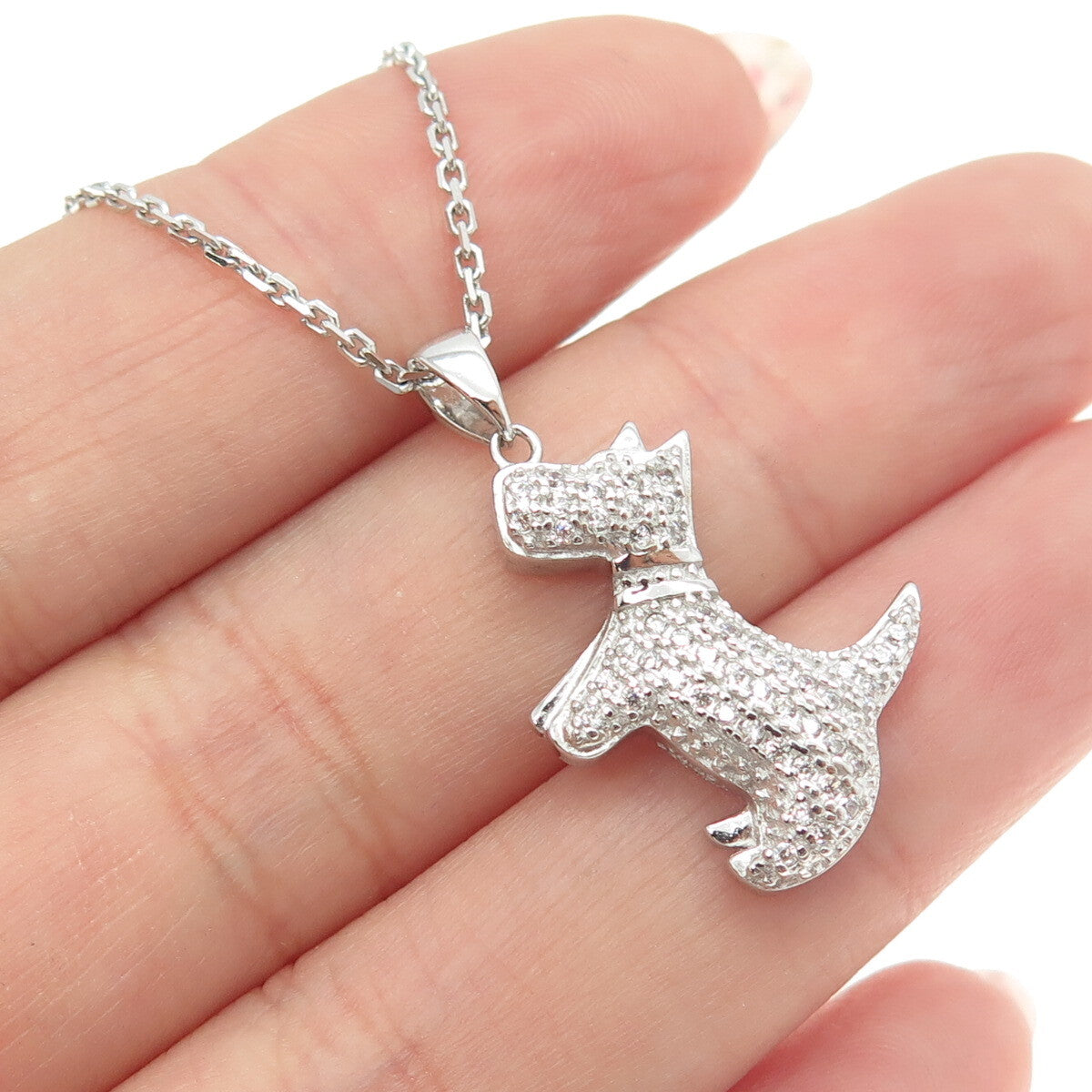 925 Sterling Silver Round-Cut C Z Scottish Terrier Dog Cable Chain Necklace 16"