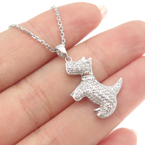 925 Sterling Silver Round-Cut C Z Scottish Terrier Dog Cable Chain Necklace 16"