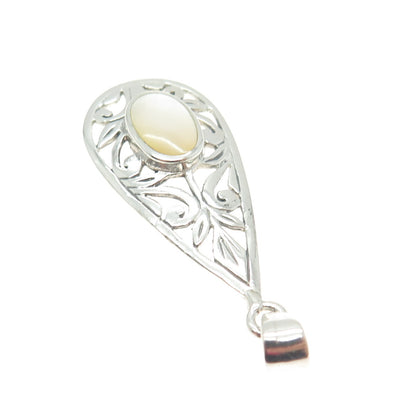 925 Sterling Silver Vintage Real Mother-of-Pearl Floral Scroll Teardrop Pendant