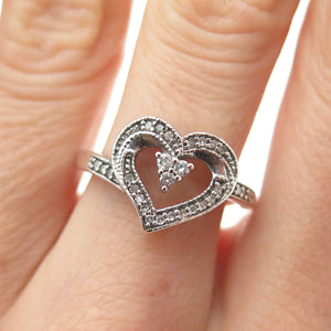 CHARLES WINSTON 925 Sterling Silver Real Round-Cut Diamond Heart Ring Size 7.25
