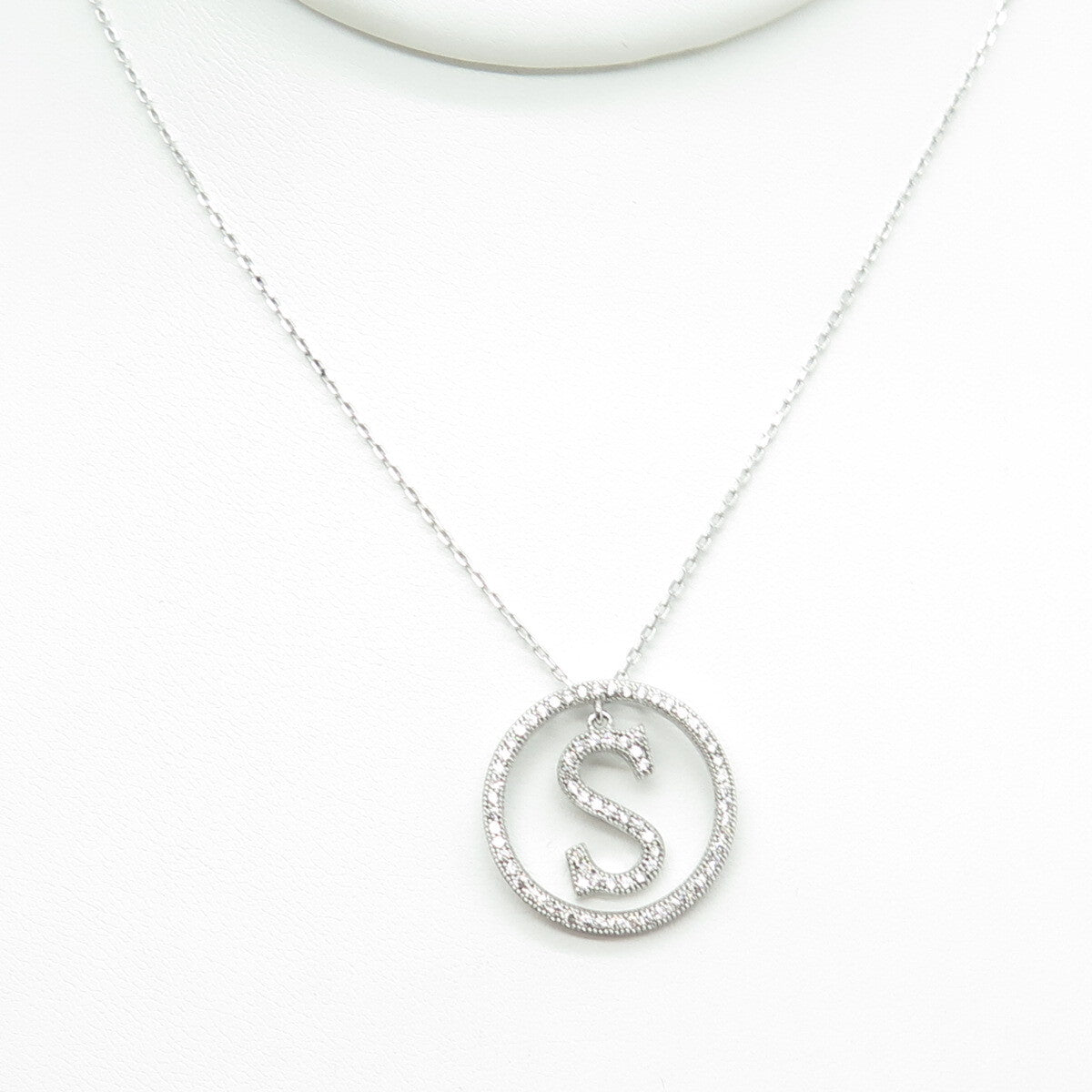 925 Sterling Silver Round-Cut C Z Letter "S" Initial Cable Chain Necklace 16-18"