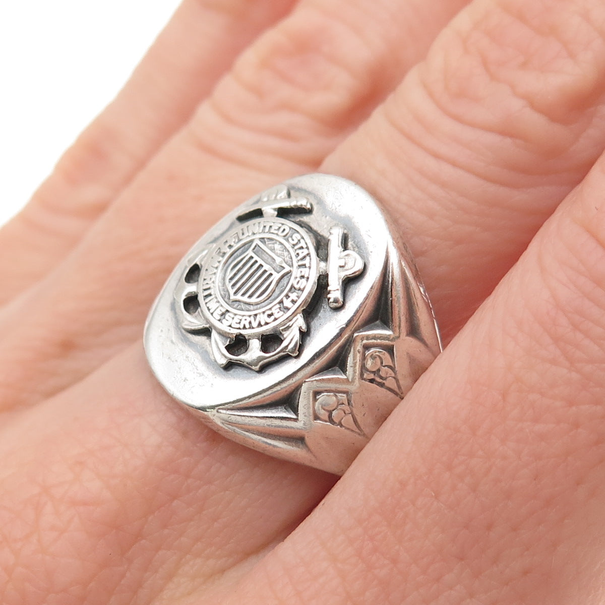 925 Sterling Silver Antique WWII US Maritime Service Signet Ring Size 8.5