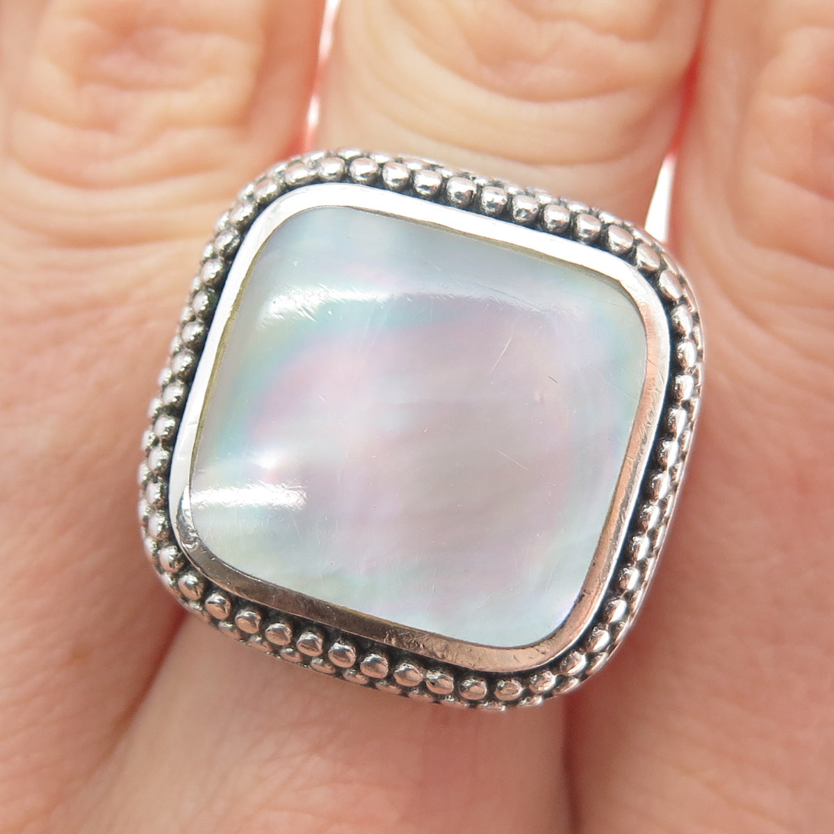 KEN CRAFTS 925 Sterling Silver Vintage Real MOP Granulated Ring Size 7