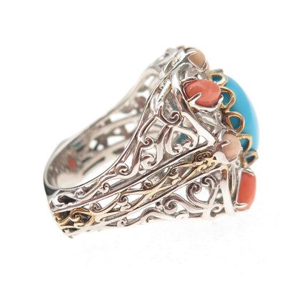 Michael Valitutti Gems En Vogue Sterling 2-Tone Turquoise & Coral Ring Size 8.25