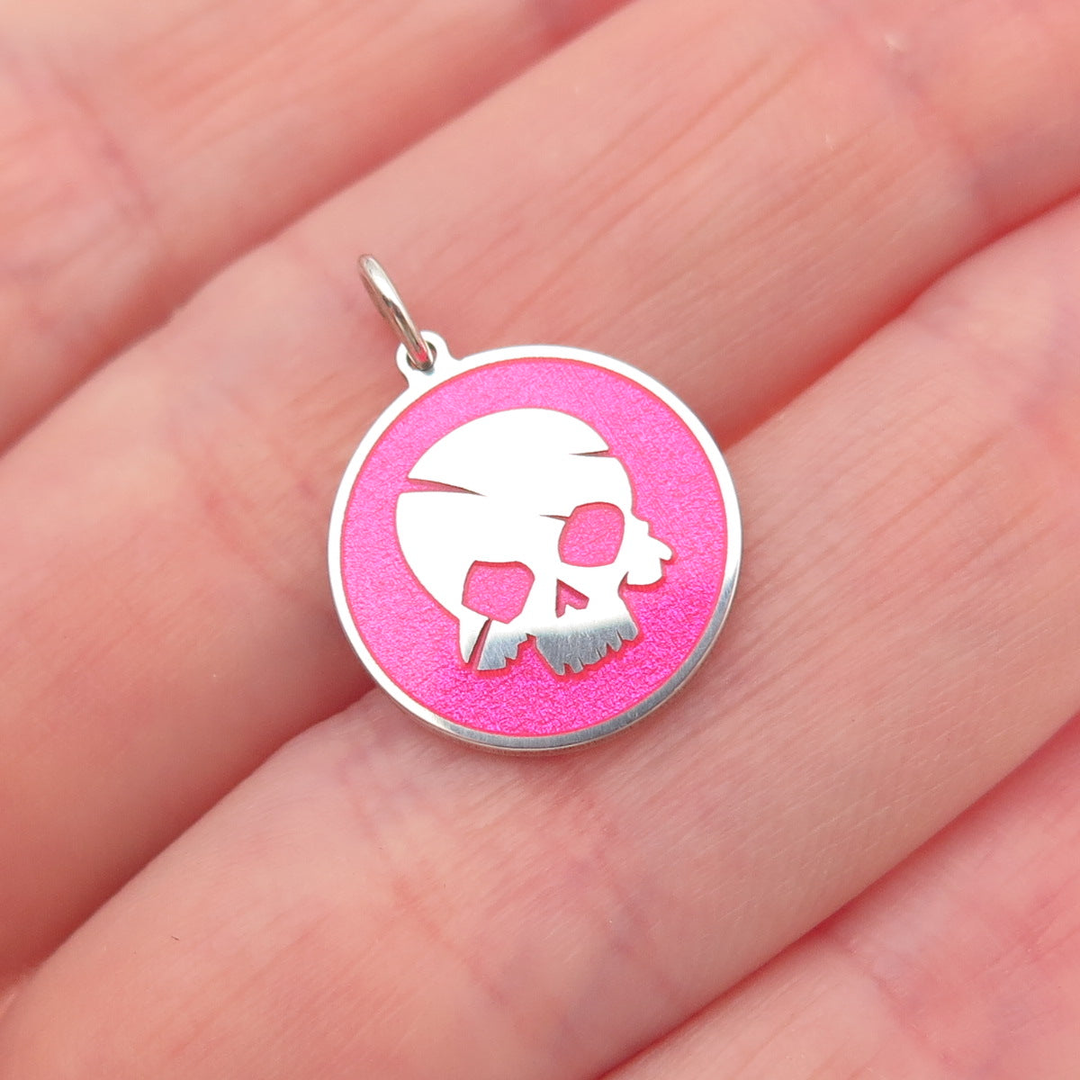 925 Sterling Silver Pink Enamel Skull Round Tag Mini Charm Pendant