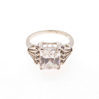 925 Sterling Silver Vintage Emerald-Cut C Z Engagement Ring Size 8