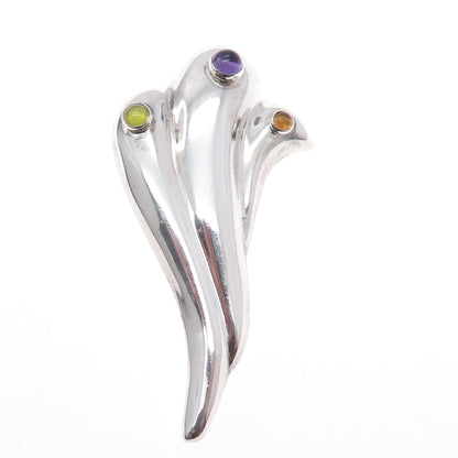 925 Sterling Silver Vintage Real Amethyst Peridot & Citrine Modernist Pin Brooch