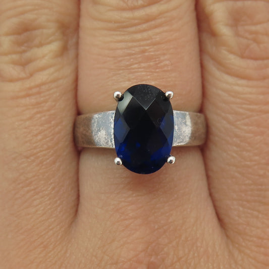 925 Sterling Silver Vintage Nano Sapphire Oxidized Ring Size 7.25