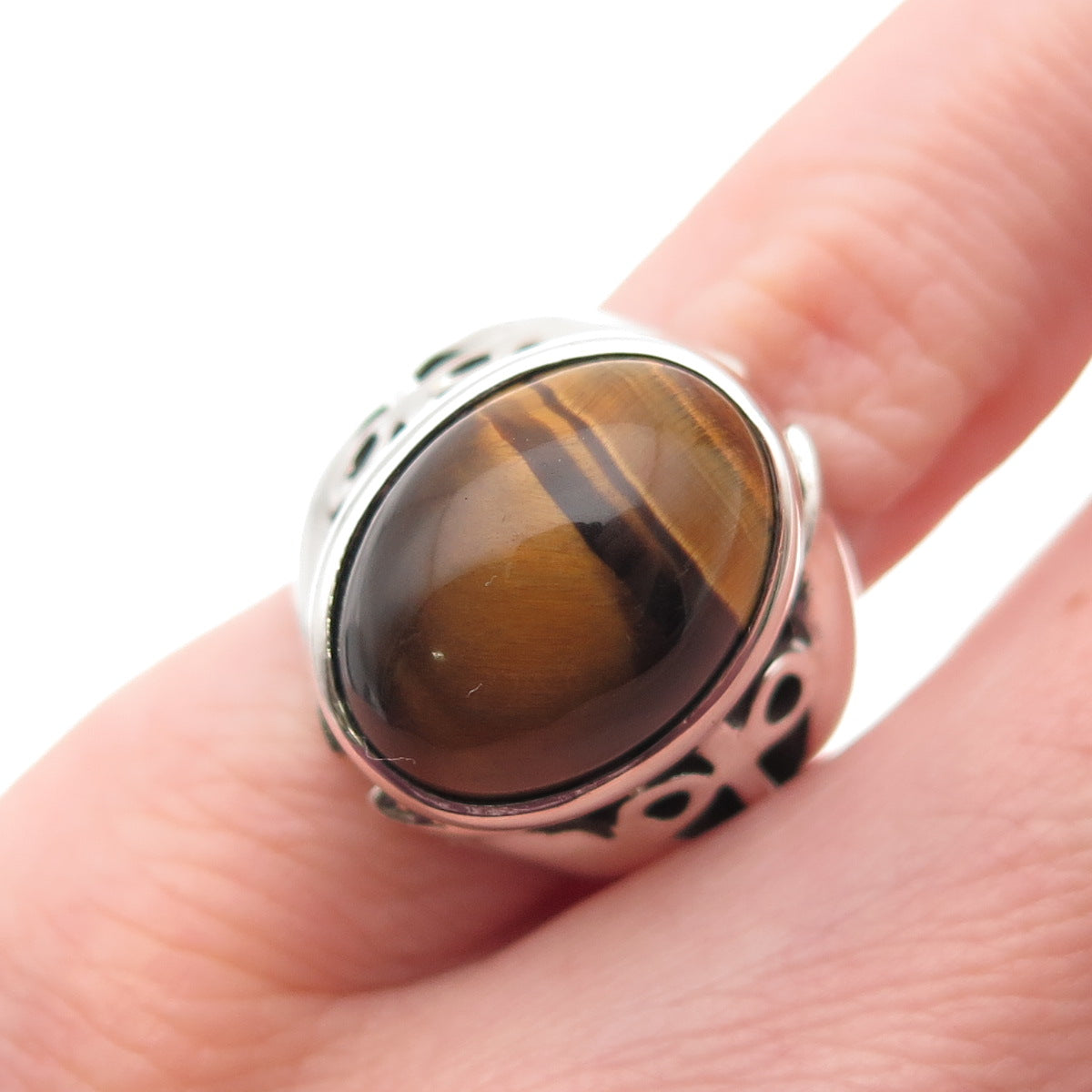 925 Sterling Silver Vintage Real Tiger Eye Modernist Ring Size 4.5
