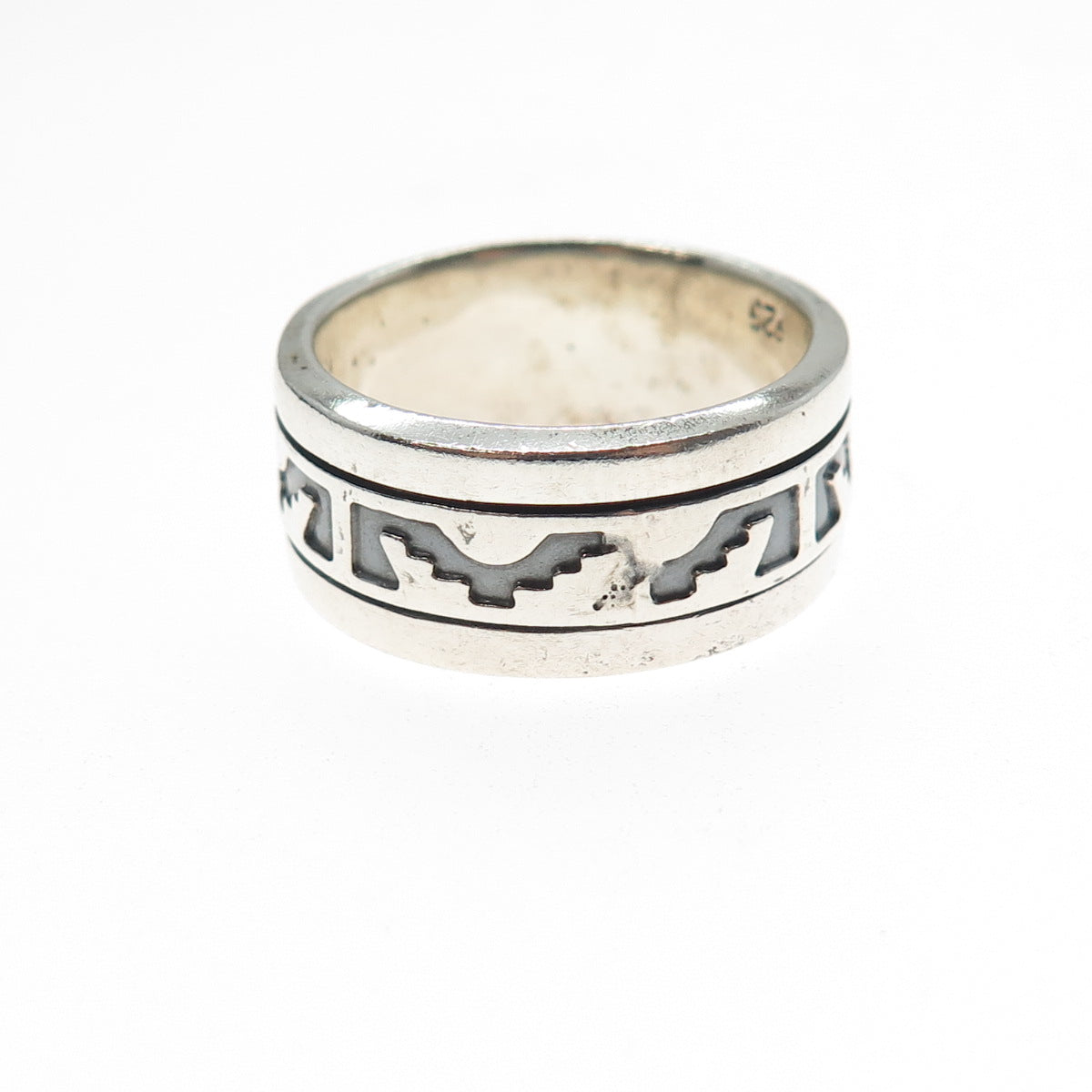 925 Sterling Silver Vintage Aztec Rotating Band Oxidized Ring Size 9.25