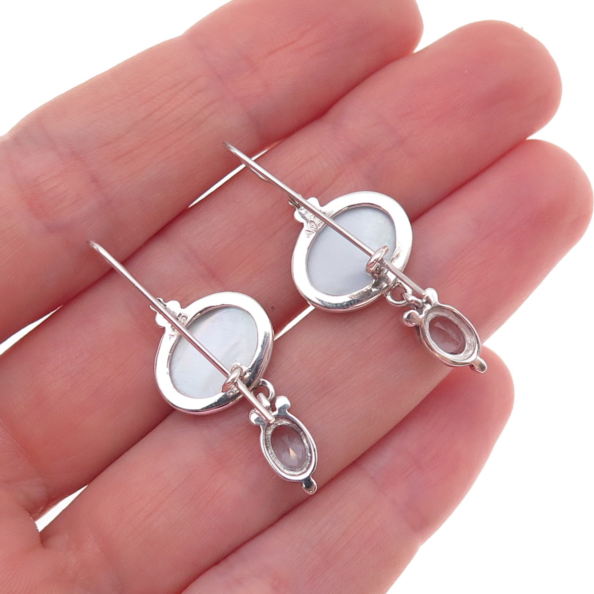 925 Sterling Silver Vintage Real Blue Topaz & Abalone Shell Dangle Earrings