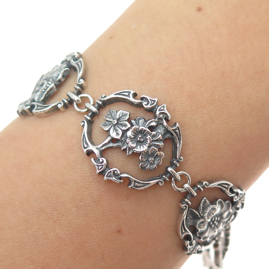 FRANKLIN MINT Sterling 1/20 12K GF Vintage 1982 Flower Panel Link Bracelet 7.25"