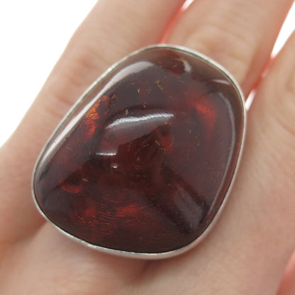 925 Sterling Silver Vintage LA Poland Real Amber Modernist Domed Ring Size 8