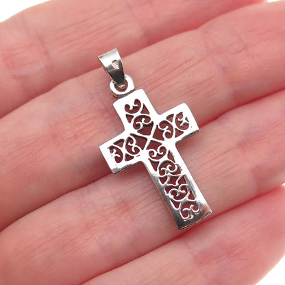 925 Sterling Silver Vintage Ornate Heart Cross Charm Pendant