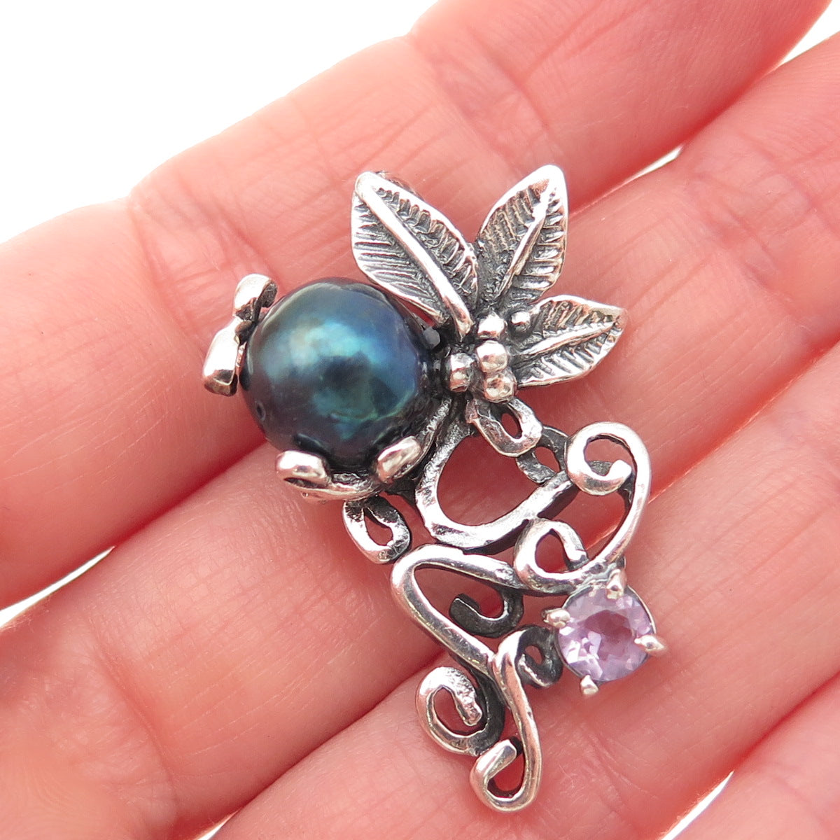 925 Sterling Silver Vintage Real Abalone Shell & Amethyst Floral Slide Pendant