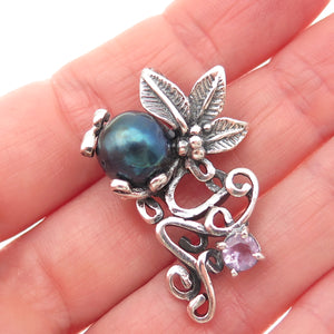 925 Sterling Silver Vintage Real Abalone Shell & Amethyst Floral Slide Pendant