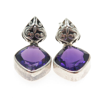 925 Sterling Silver Vintage Real Cushion-Cut Amethyst Ornate Dangling Earrings