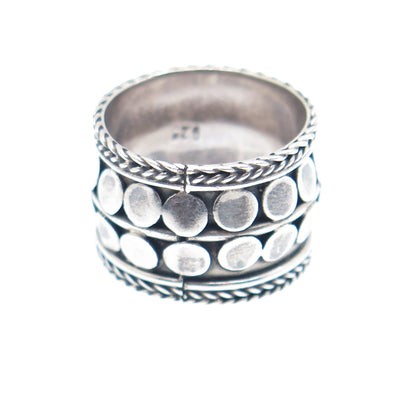 925 Sterling Silver Vintage Modernist Disc Dotted Band Oxidized Ring Size 6