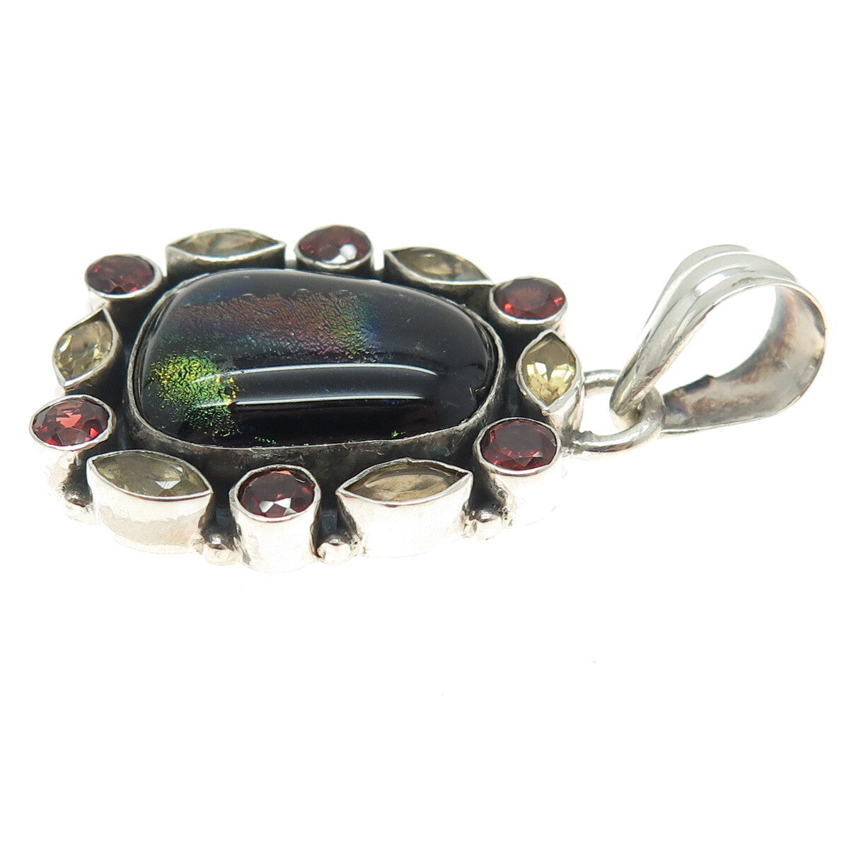 925 Sterling Silver Vintage Dichroic Glass Citrine Red Garnet Modernist Pendant