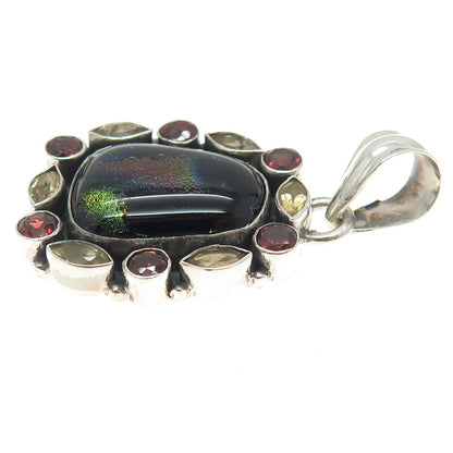 925 Sterling Silver Vintage Dichroic Glass Citrine Red Garnet Modernist Pendant