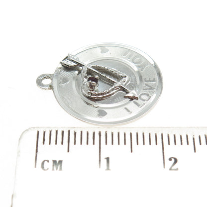 925 Sterling Silver Vintage Black Rhinestone "I Love You" Arrow in Heart Pendant