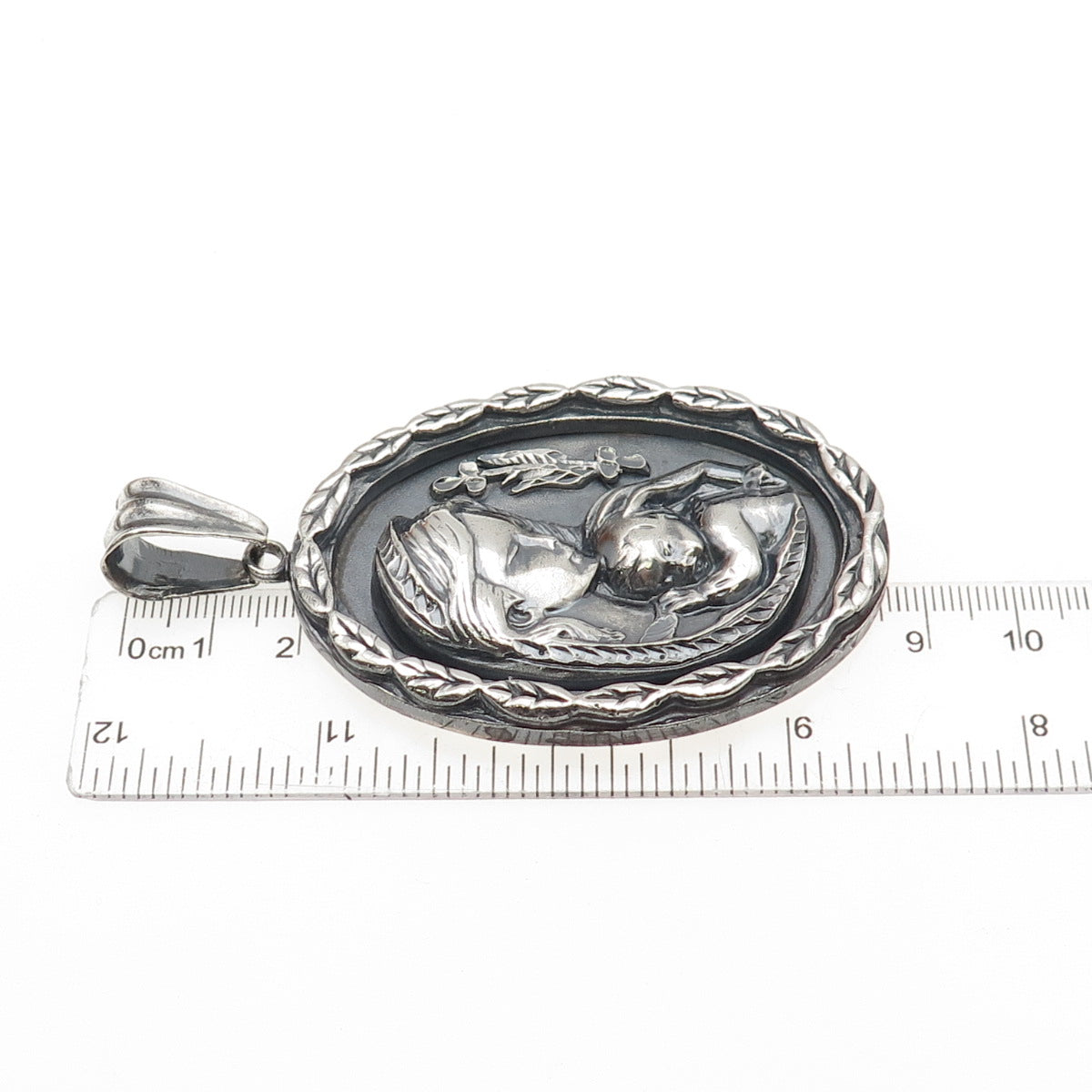 925 Sterling Silver Vintage St. Mary & Baby Jesus Oxidized Large Medal Pendant