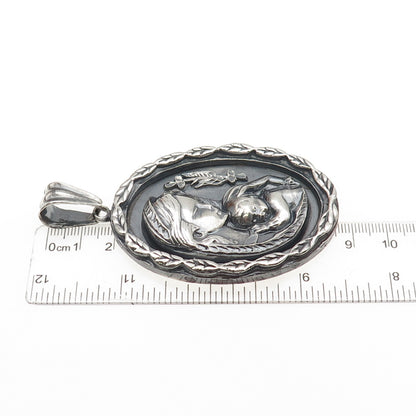 925 Sterling Silver Vintage St. Mary & Baby Jesus Oxidized Large Medal Pendant