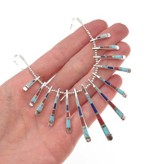 Old Pawn 925 Sterling Silver Vintage Multi-Color Gem Beaded Chain Necklace 18"