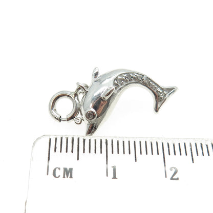 925 Sterling Silver Real Round-Cut Diamond Dolphin Spring Ring Lock Pendant