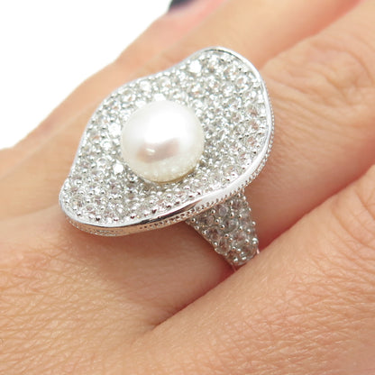 925 Sterling Silver Real White Topaz & Pearl Modernist Floral Ring Size 7