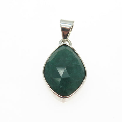 925 Sterling Silver Vintage Real Oval Rhombus-Cut Emerald Pendant