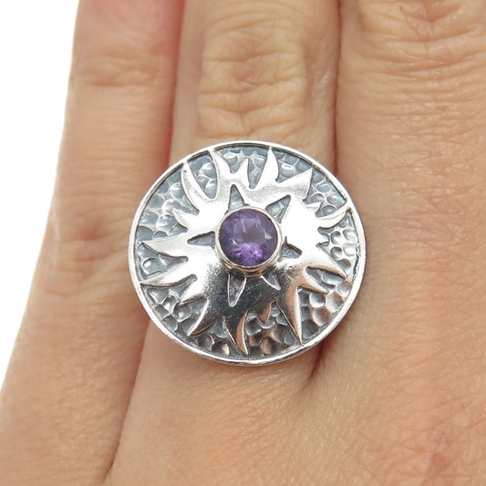 925 Sterling Silver Vintage Real Amethyst Sun Modernist Ring Size 6