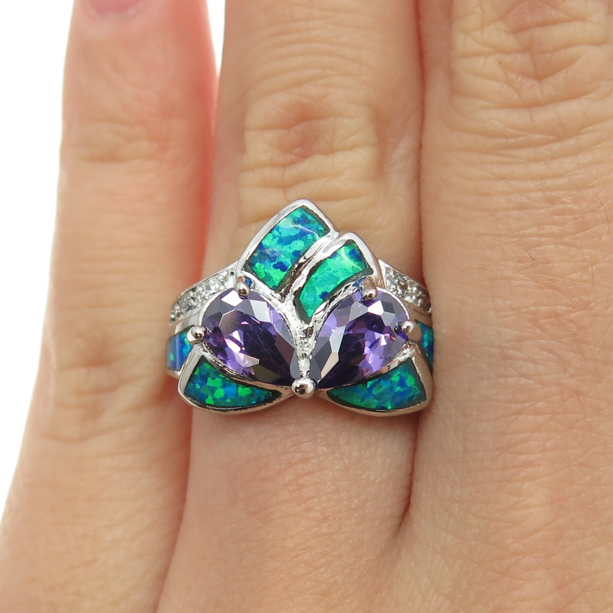 925 Sterling Silver Real Opal Amethyst & C Z Cocktail Ring Size 6