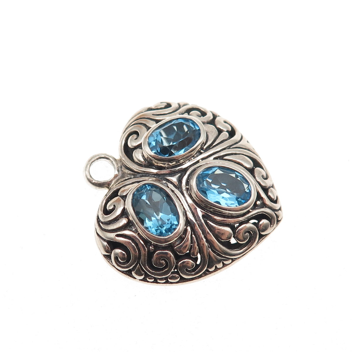 925 Sterling Silver Vintage Real Oval-Cut Blue Topaz Ornate Heart Charm Pendant