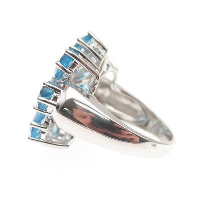 925 Sterling Silver Real Diamond & Blue Topaz Floral Ring Size 7.25